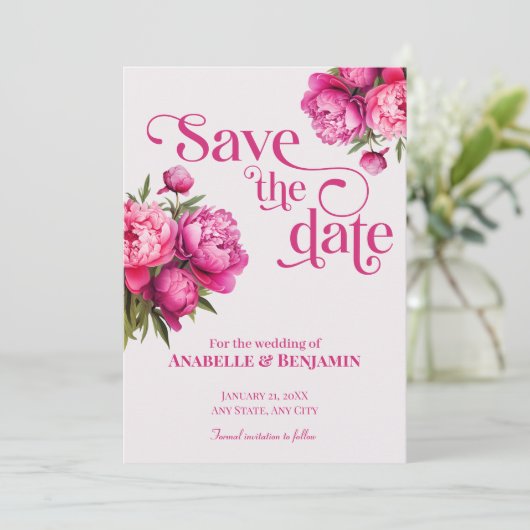 Elegante Magenta Pioenbloem Save the Date Kaart (Staand voorkant)