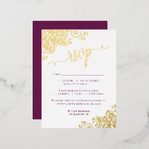 Elegante Magenta Plum Gold Foil Wedding RSVP Kaart