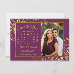 Elegante Magenta Plum & Gouden Kalender Fotobruilo Save The Date