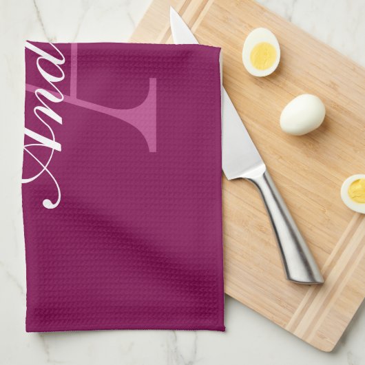 Elegante Magenta Rood, Roze & Wit Naam & Monogram Theedoek (Quarter Fold)