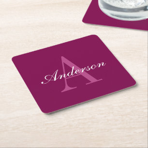 Elegante Magenta Rood, Roze & Wit Naam & Monogram Vierkante Kartonnen Onderzetter
