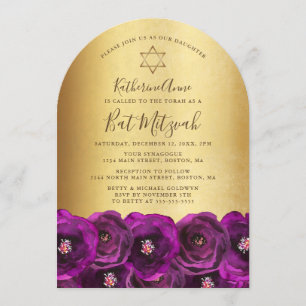 Elegante Magenta Roos Bloemrijke Gouden Bat Mitzva Kaart