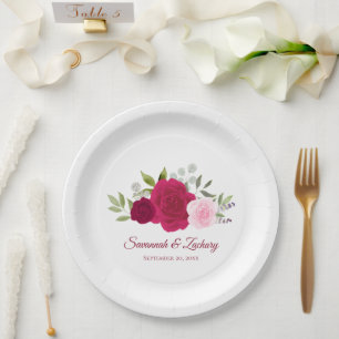 Elegante Magenta Roze & Blush Rozen Bruiloft Papieren Bordje