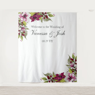Elegante Magenta Witte Bloemen Groene Botanicals Wandkleed