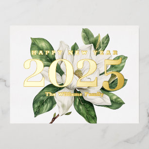 Elegante Magnolia Bloem Gelukkig Nieuwjaar 2025 Go Folie Feestdagen Briefkaart