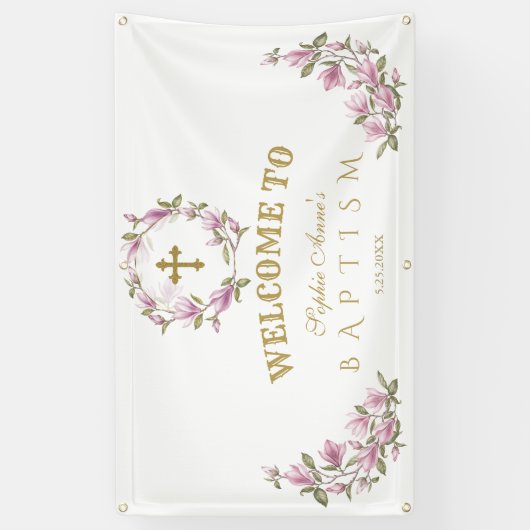 Elegante Magnolia Bloemen Doop Welkom Bord Spandoek (Verticaal)