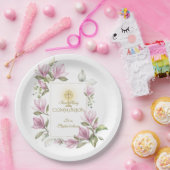 Elegante Magnolia Bloemen Goud Eerste Heilige Comm Papieren Bordje (Feest)