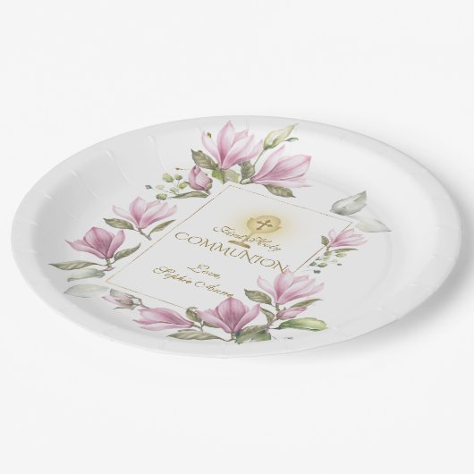 Elegante Magnolia Bloemen Goud Eerste Heilige Comm Papieren Bordje (Gekanteld)