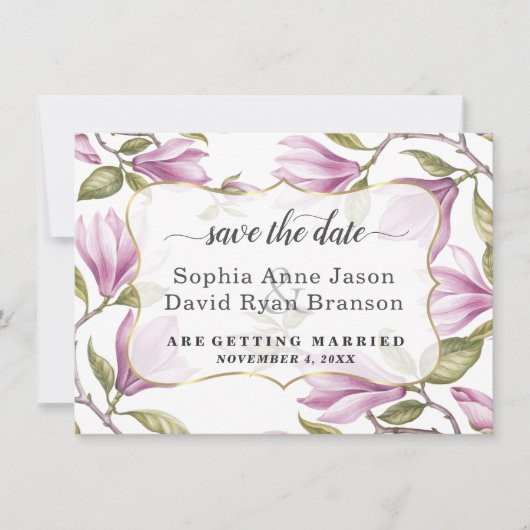 Elegante Magnolia Bloemen Gouden Huwelijkscalligra Save The Date (Voorkant)