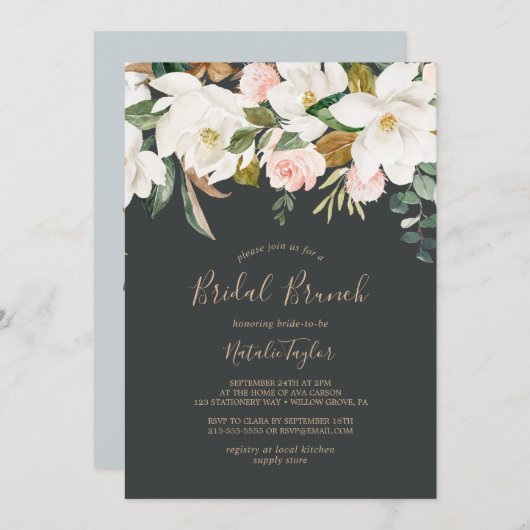 Elegante Magnolia | Bruidsbrunch in Zwart en Wit Kaart (Voorkant / Achterkant)