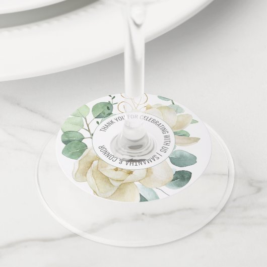 Elegante Magnolia Eucalyptus groen bruiloft gunst Wijnglaslabel (Dichtbij)