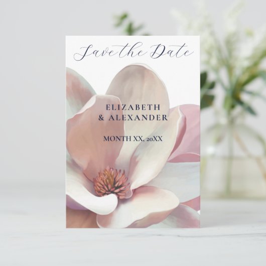 Elegante Magnolia roze en witte bruiloft Save The Date (Staand voorkant)