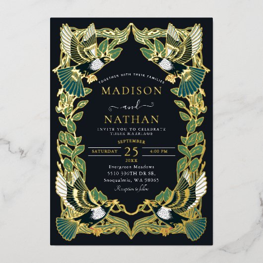 Elegante Magpie Art Nouveau bruiloft Folie Uitnodiging (Voorkant)