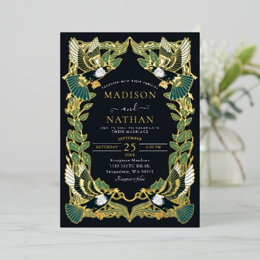 Elegante Magpie Art Nouveau bruiloft Folie Uitnodiging (Staand Voorkant)