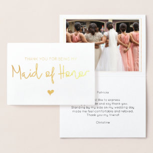 Elegante Maid of Honor Dank u Foto Gold Folie Kaarten