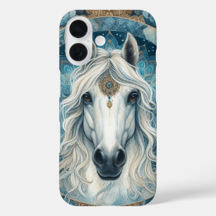 Elegante majestueuze witte paardenhoofd vloeiende iPhone 16 hoesje