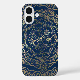Elegante Mandala Art Boho Gold en Navy Blue Luxe iPhone 16 Hoesje