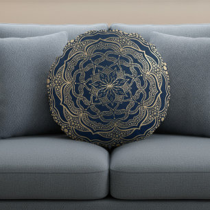 Elegante Mandala Art Boho Luxe Goud en Navy Blue Rond Kussen
