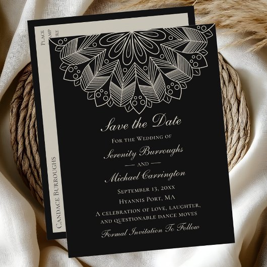 Elegante Mandala Boho Black Save the Date Wedding Uitnodiging Briefkaart