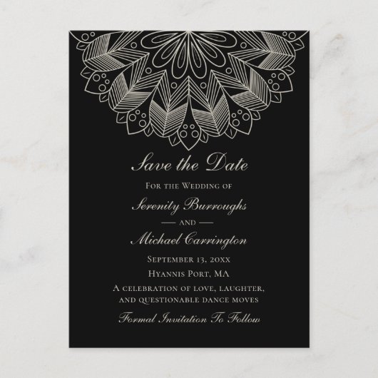 Elegante Mandala Boho Black Save the Date Wedding Uitnodiging Briefkaart (Voorkant)