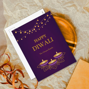 Elegante Mandala diyas custom Paarse gouden Diwali Feestdagenkaart