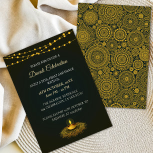 Elegante Mandala Diyas Green Gold Diwali Party Kaart