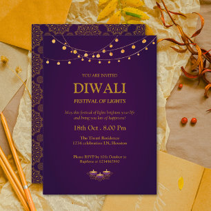 Elegante Mandala Diyas Paarse gouden Diwali Kaart
