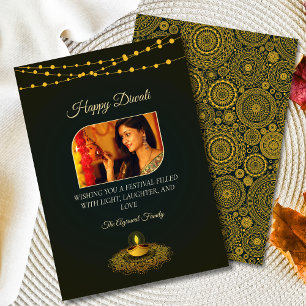 Elegante Mandala Foto Groen Goud Diwali Feestdagenkaart