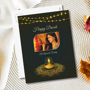 Elegante Mandala Foto Groen Goud Diwali Feestdagenkaart