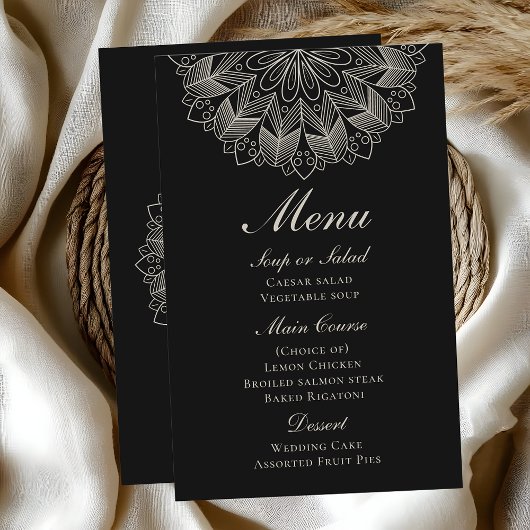 Elegante Mandala Indiase Boho Zwarte Trouwmenu