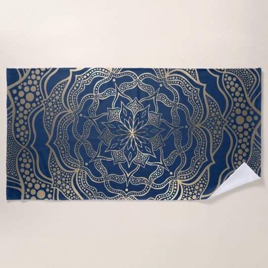 Elegante Mandala Kunst Boho Goud en Marineblauw Lu Strandlaken (Voorkant)