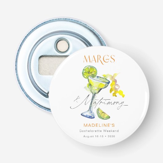 Elegante Margs & Matrimony vrijgezellenweekend Button Flesopener (Voorkant)