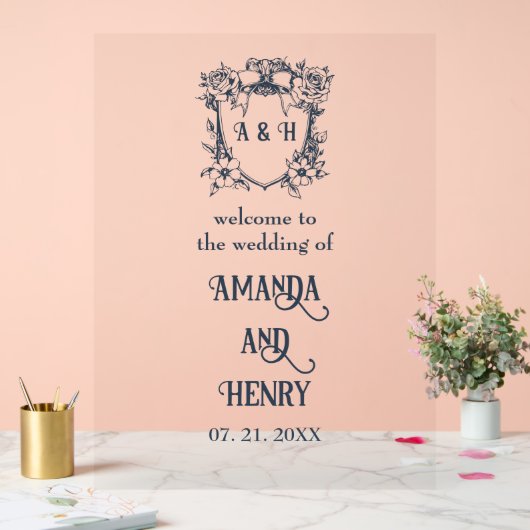 Élégante Mariage de Monogram Crest Floral Affiche (Mariage)