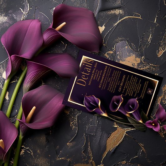 Élégante Mariage Lys pourpres Script Détails Carte