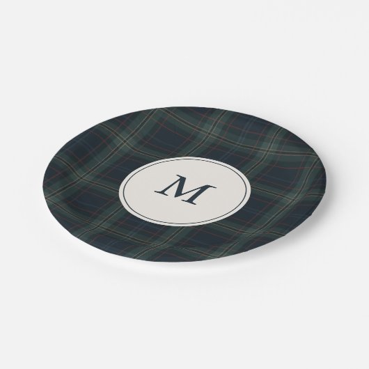 Elegante Marine Blauw en Groen Plakken Monogram Papieren Bordje (Gekanteld)