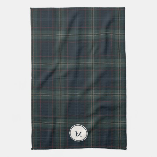Elegante Marine Blauw en Groen Plakken Monogram Theedoek (Verticaal)