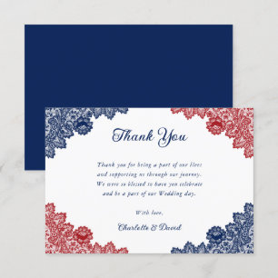 Elegante Marine Blauw en Rode Bloemen Kant Trouwen Bedankkaart