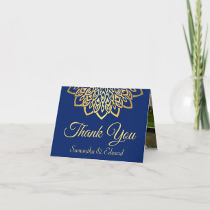 Elegante Marine Blauw Goud Foto Huwelijk Bedankkaart