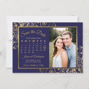 Elegante Marine Blauw & Goud Kalender & Fotobruilo Save The Date