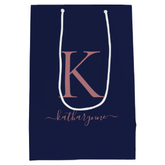 Elegante Marine Blauw Roze Rose Goud Monogram Naam Medium Cadeauzakje