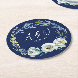 Elegante Marine Blauw Wit Bloemen Monogram Huwelij Ronde Kartonnen Onderzetter