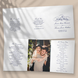 Elegante Marine Blauw & Wit bruiloft Drieluik Programma