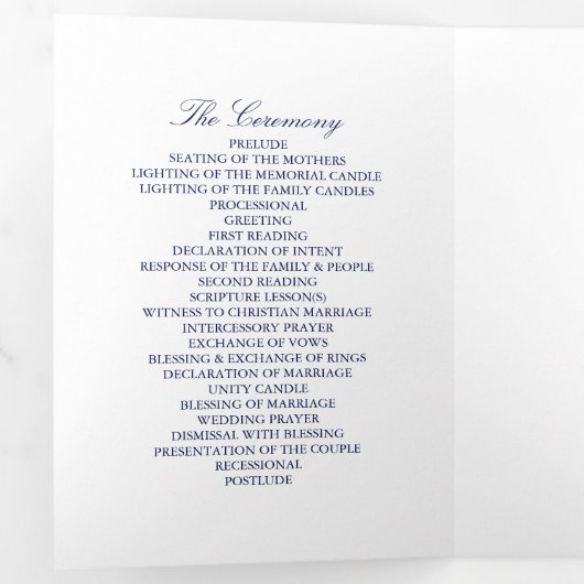 Elegante Marine Blauw & Wit bruiloft Drieluik Programma (Binnenzijde eerst)