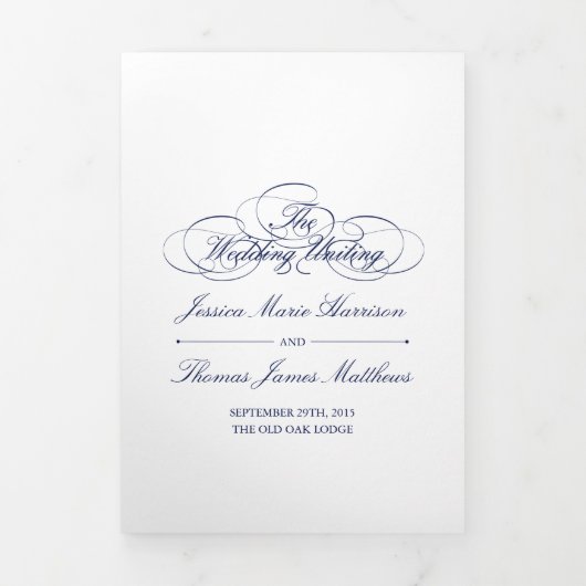 Elegante Marine Blauw & Wit bruiloft Drieluik Programma (Cover)
