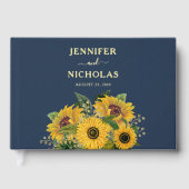 Elegante Marine Blauw Zonnebloem Trouwgoud Gastenboek (Voorkant)