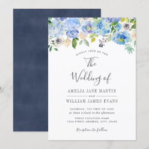 Elegante Marine Blauwe Bloemen Huwelijksuitnodigin Kaart