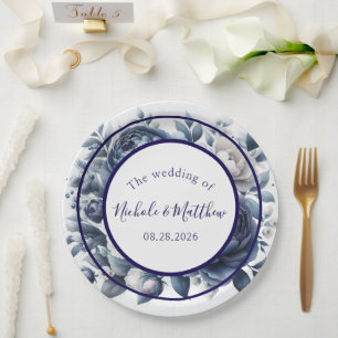 Elegante Marine Blauwe pioenen & witte rozen bruil Papieren Bordje