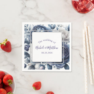 Elegante Marine Blauwe pioenen & witte rozen bruil Servet