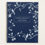 Elégante Marine Bleu & blanc toile française<br><div class="desc">Elégant planificateur personnalisé non daté avec des bêtes de toile bleu et blanc sur branches d'arbres sur arrière - plan bleu marine</div>