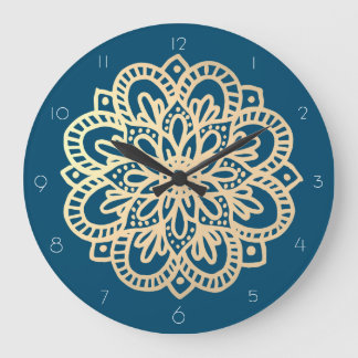 Elégante Marine Bleu Or Mandala Horloge murale